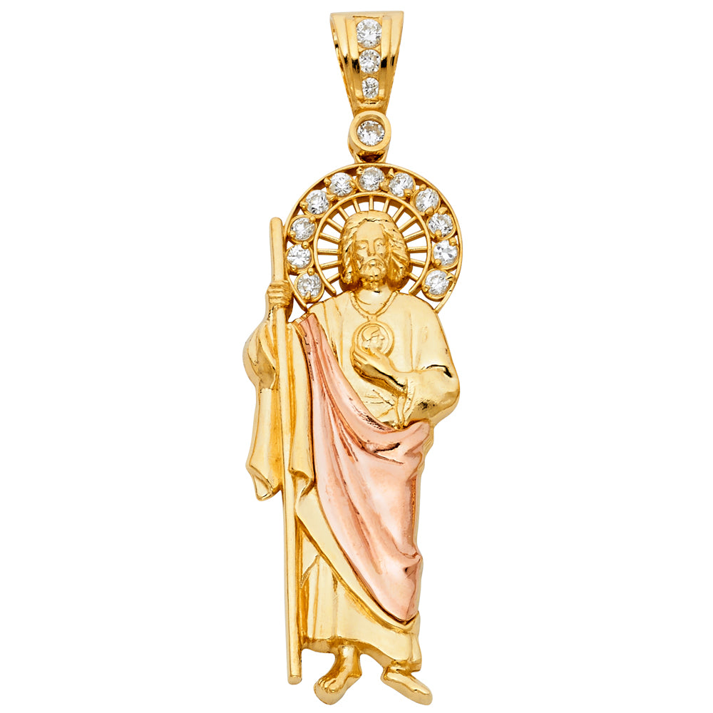14K Two-tone Gold Large CZ Saint Jude Thaddeus Charm Pendant (70mm x 25mm)