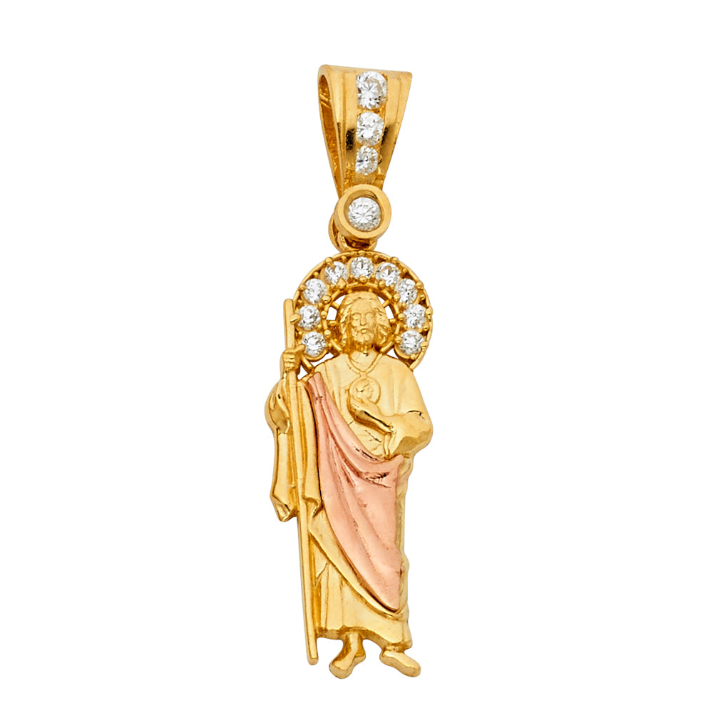 14K Two-tone Gold with White CZ Accented Saint Jude Thaddeus Charm Pendant (45mm x 13mm)