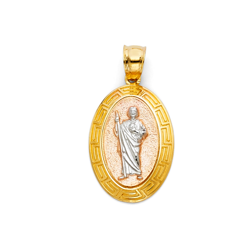 14K Two-tone Gold with White CZ Accented Saint Jude Thaddeus Charm Pendant (30mm x 15mm)