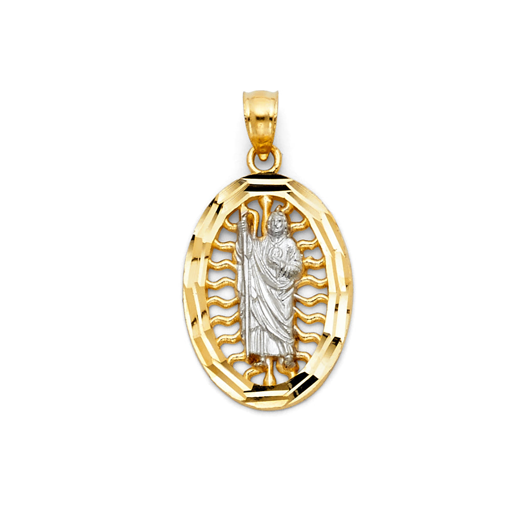 14K Two-tone Gold with White CZ Accented Saint Jude Thaddeus Charm Pendant (25mm x 15mm)