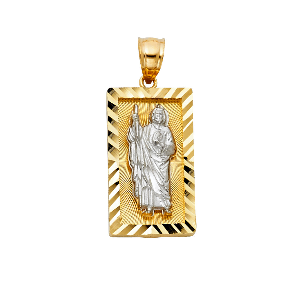 14K Two-tone Gold with White CZ Accented Saint Jude Thaddeus Charm Pendant (30mm x 13mm)