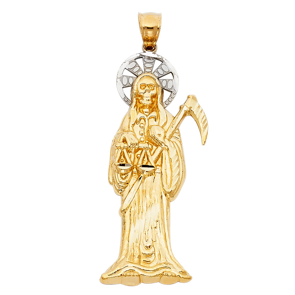 14K Two-tone Gold Santa Muerte Charm Pendant (47mm x 20mm)