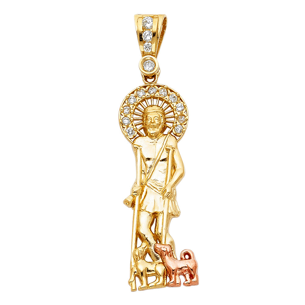 14K Two-tone Gold with White CZ Accented San Lazaro Charm Pendant (42mm x 15mm)