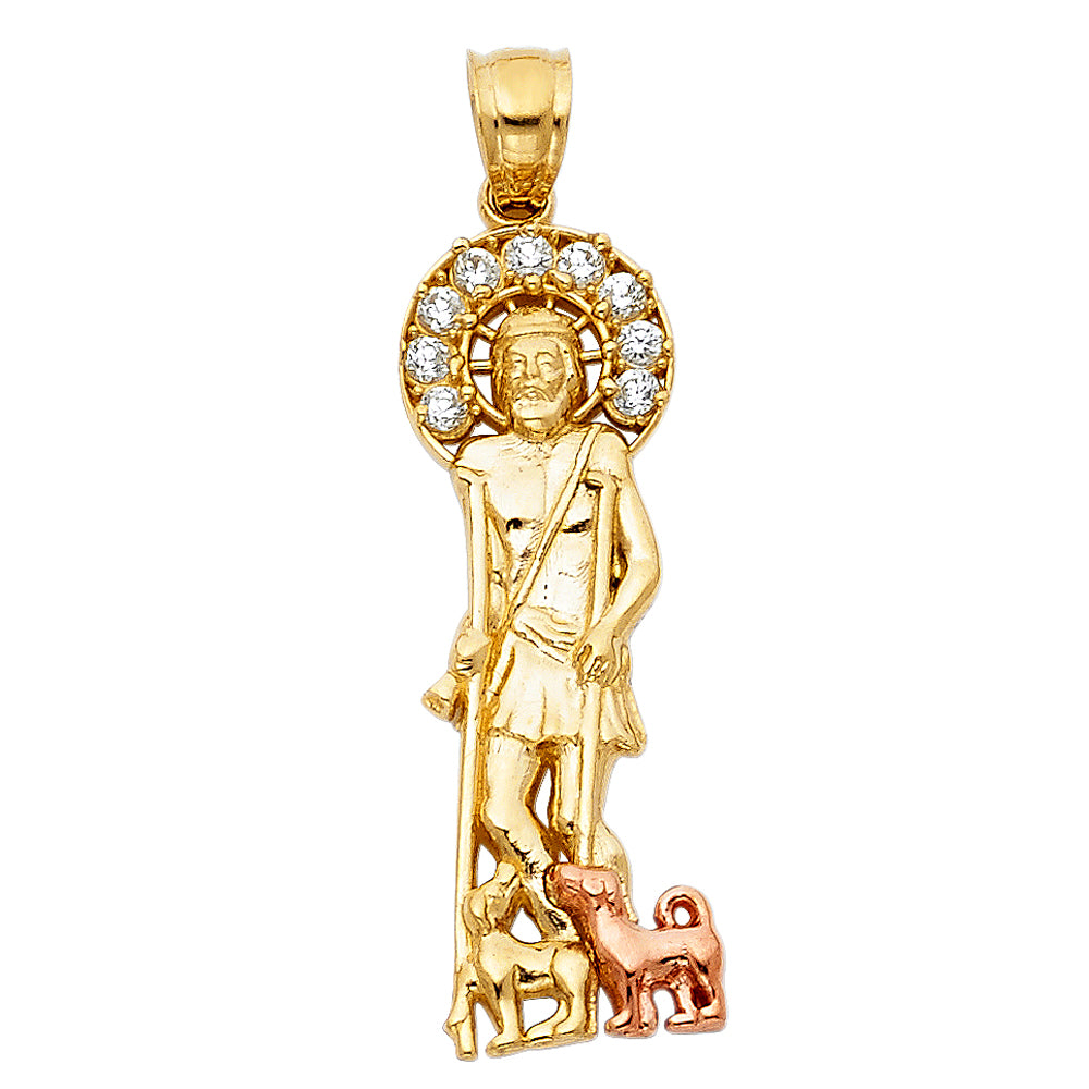 14K Two-tone Gold with White CZ Accented San Lazaro Charm Pendant (31mm x 10mm)