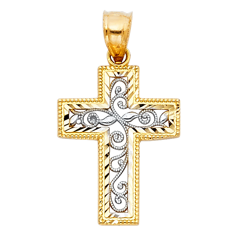 14K Two-tone Gold Religious Fancy Design Cross Charm Pendant (23mm x 18mm)