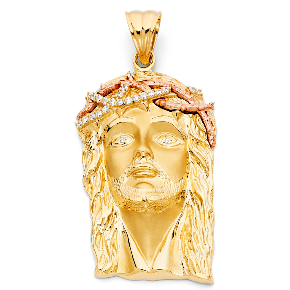 14K Two-tone Gold Large CZ Jesus Christ Head Charm Pendant (80mm x 40mm)