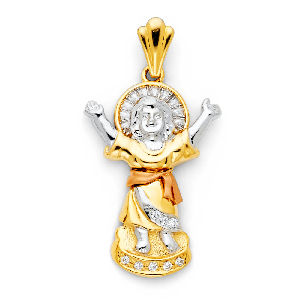 14K Tri-Color Gold Large CZ Divine Infant Jesus Charm Pendant (40mm x 20mm)