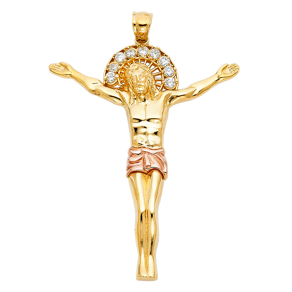 14 Two-tone Gold Large CZ Jesus Christ Body Charm Pendant (56mm x 45mm)