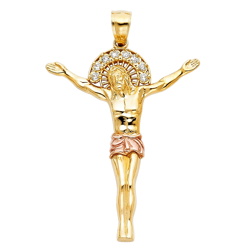 14 Two-tone Gold with White CZ Accented Jesus Christ Body Charm Pendant (42mm x 33mm)