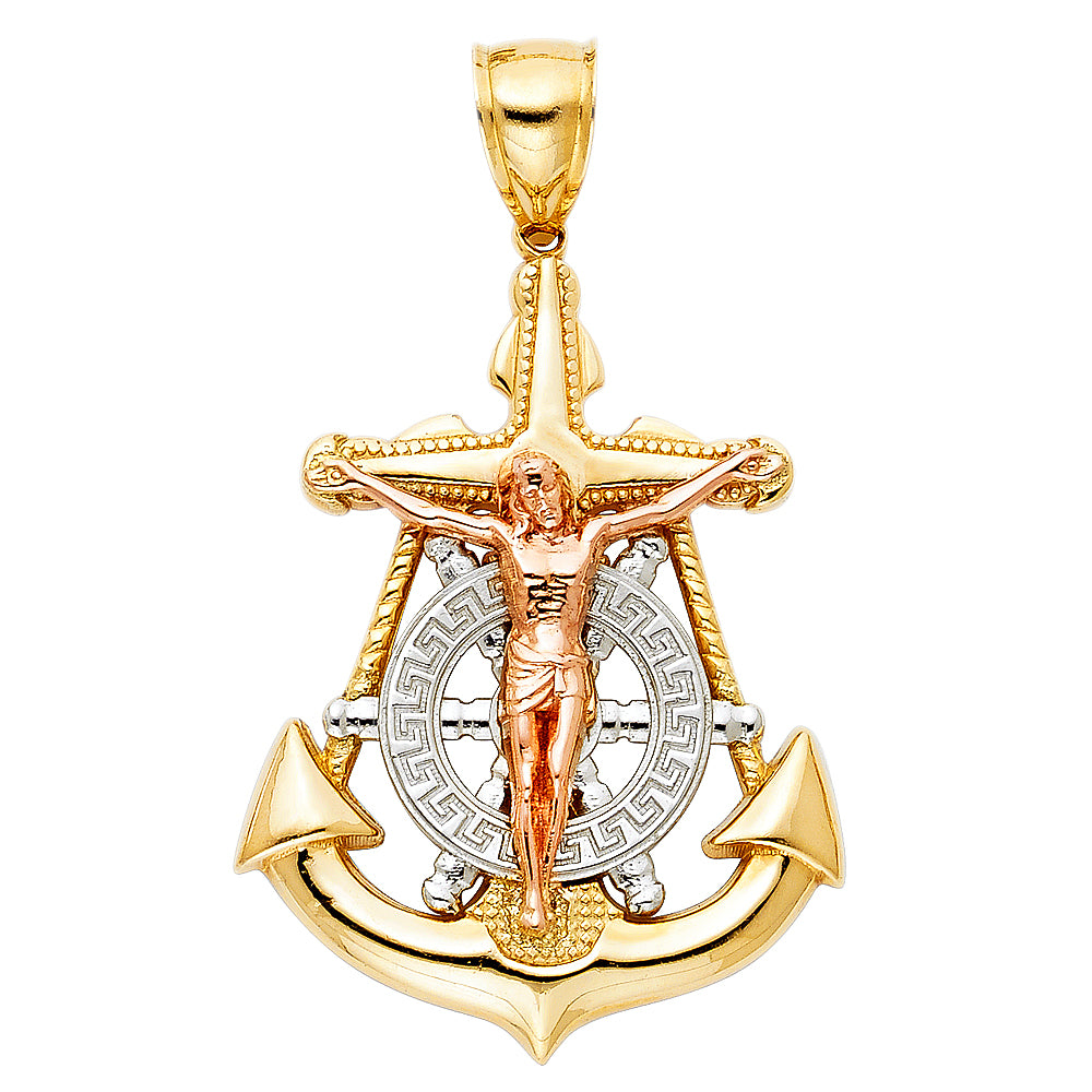 14K Tri-color Gold Large Religious Crucifix Anchor Charm Pendant (43mm x 32mm)