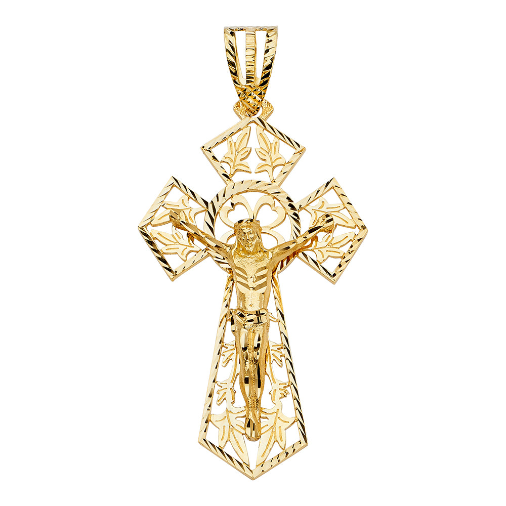 14k Yellow Gold Large Religious Cut-Out Crucifix Charm Pendant (85mm x 52mm)