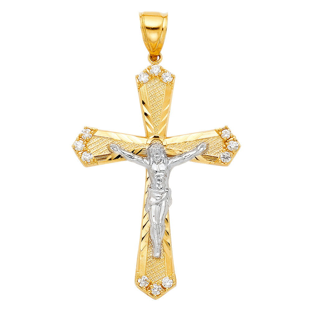 14k Yellow Gold Large Religious CZ Cut-Out Crucifix Charm Pendant (51mm x 37mm)