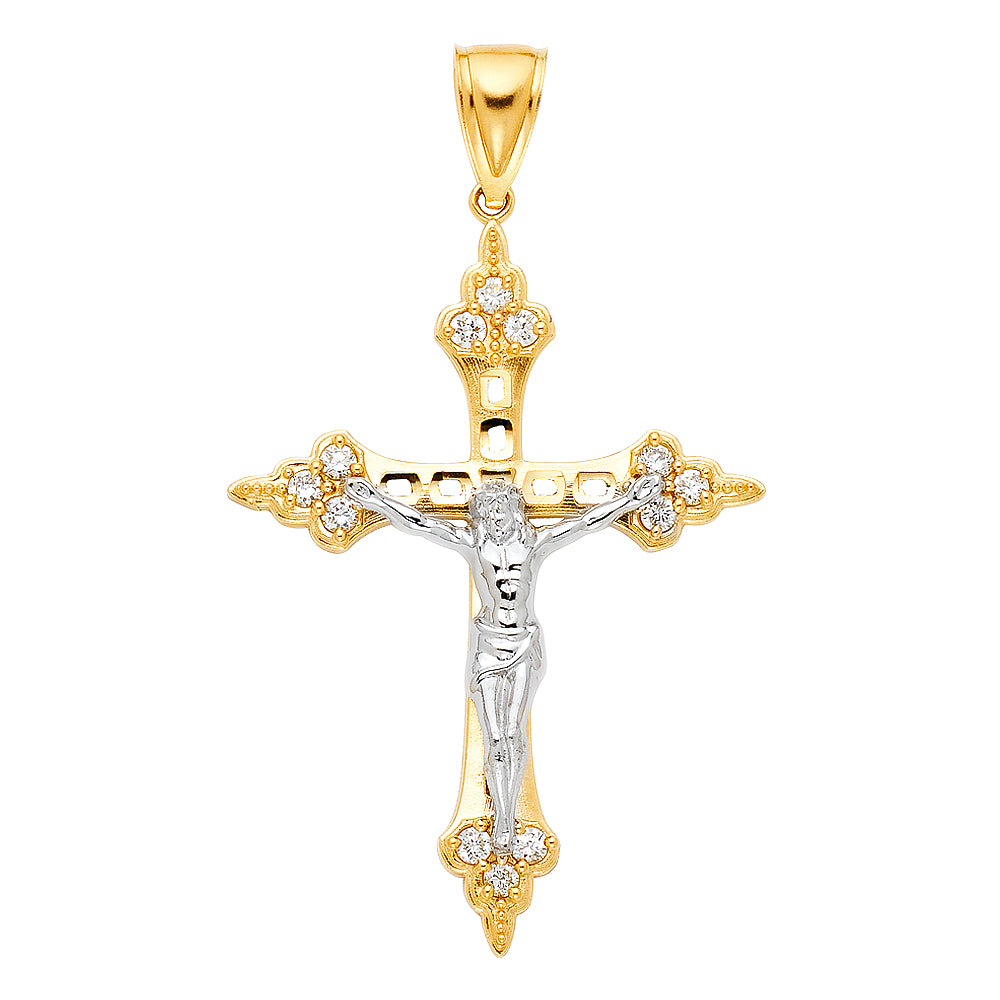 14k Yellow Gold Large Religious CZ Cut-Out Crucifix Charm Pendant (50mm x 36mm)