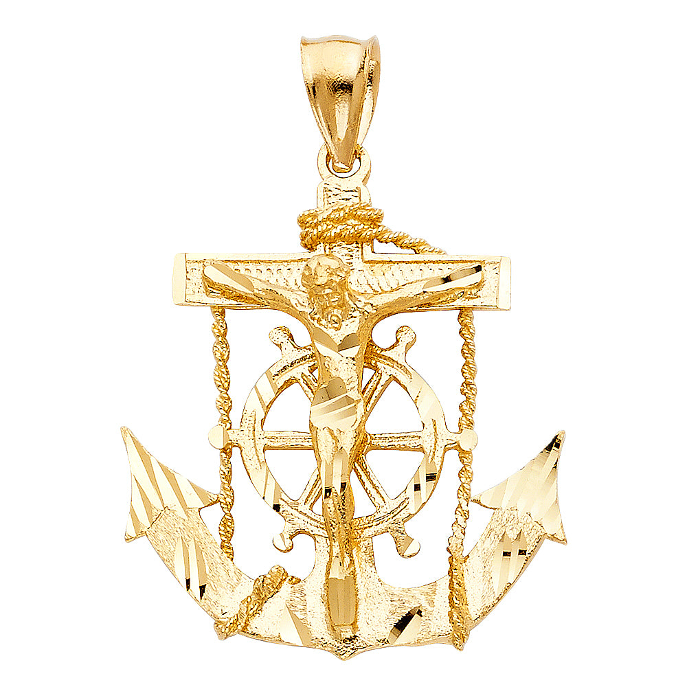 14k Yellow Gold Large Religious Mariner Crucifix Charm Pendant (35mm x 32mm)