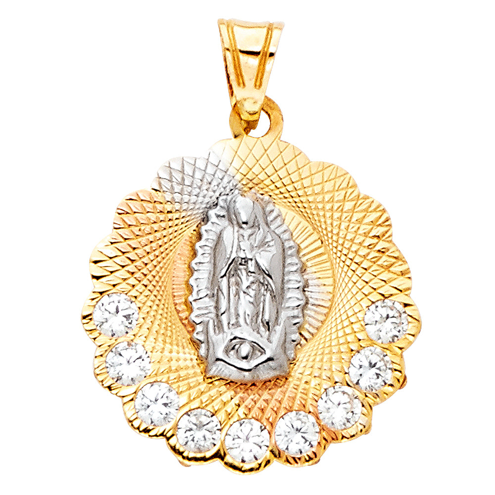 14K Tri-Color Gold Small/Mini Guadalupe CZ Charm Pendant (20mm x 17mm)