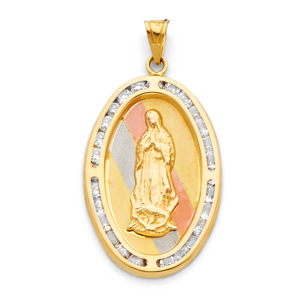 14K Tri-Color Gold Guadalupe CZ Charm Pendant (35mm x 20mm)