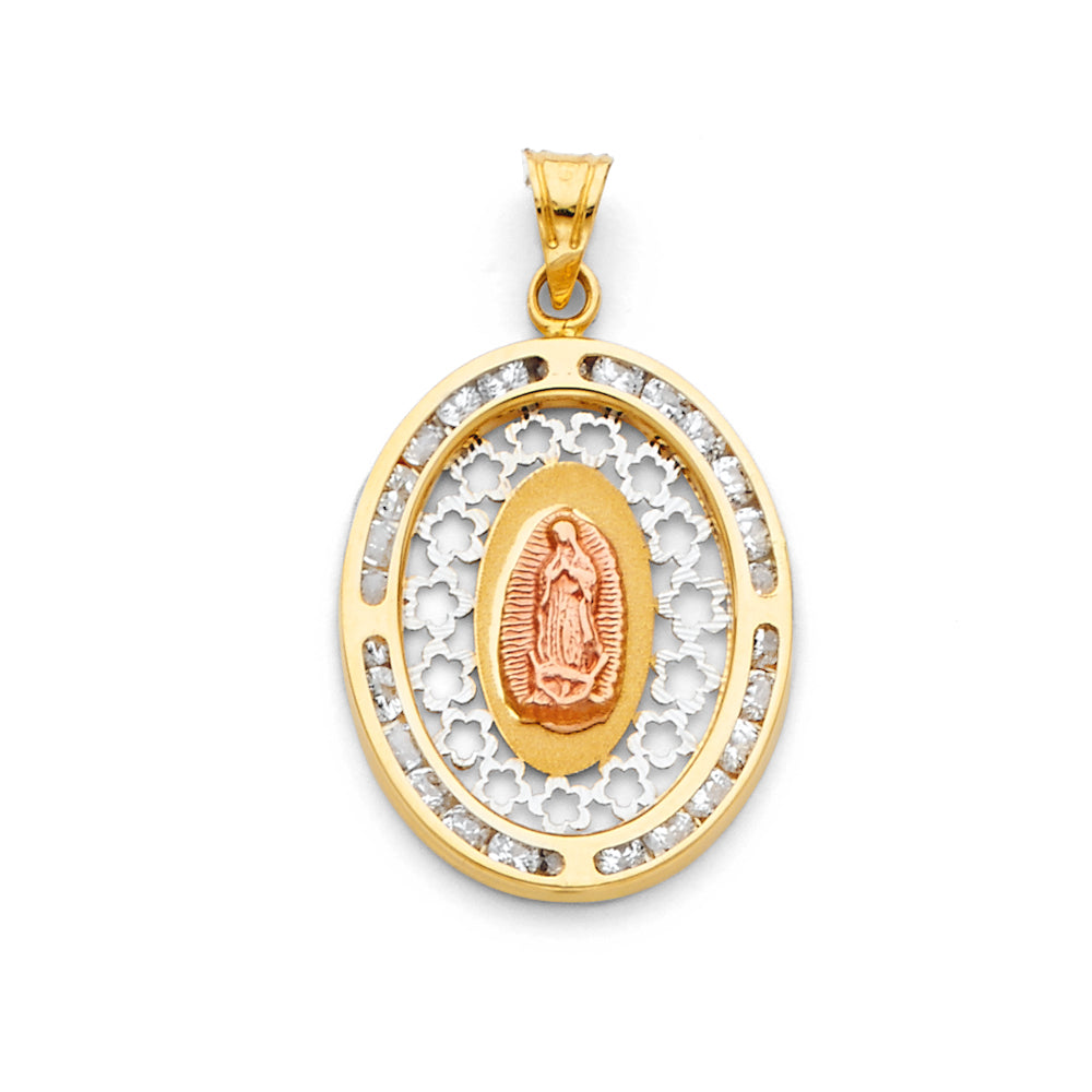 14K Tri-Color Gold Guadalupe CZ Charm Pendant (28mm x 18mm)