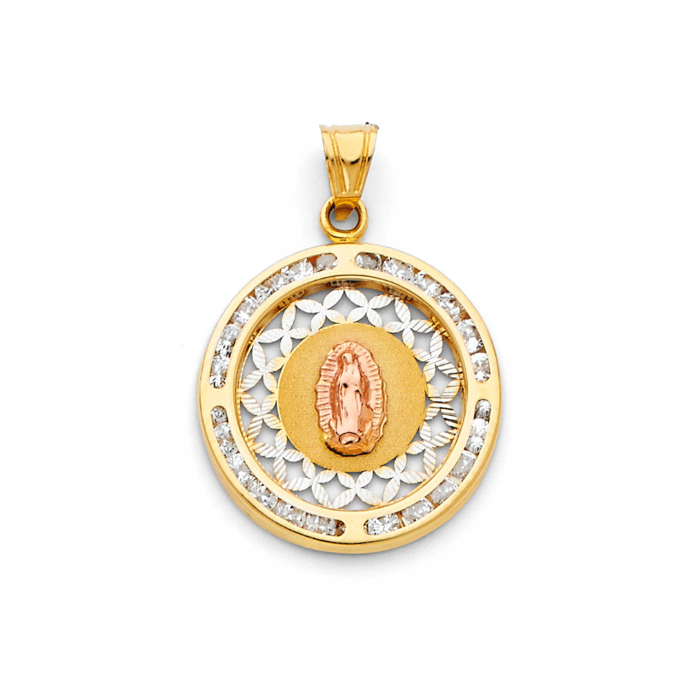14K Tri-Color Gold Guadalupe CZ Charm Pendant (25mm x 20mm)