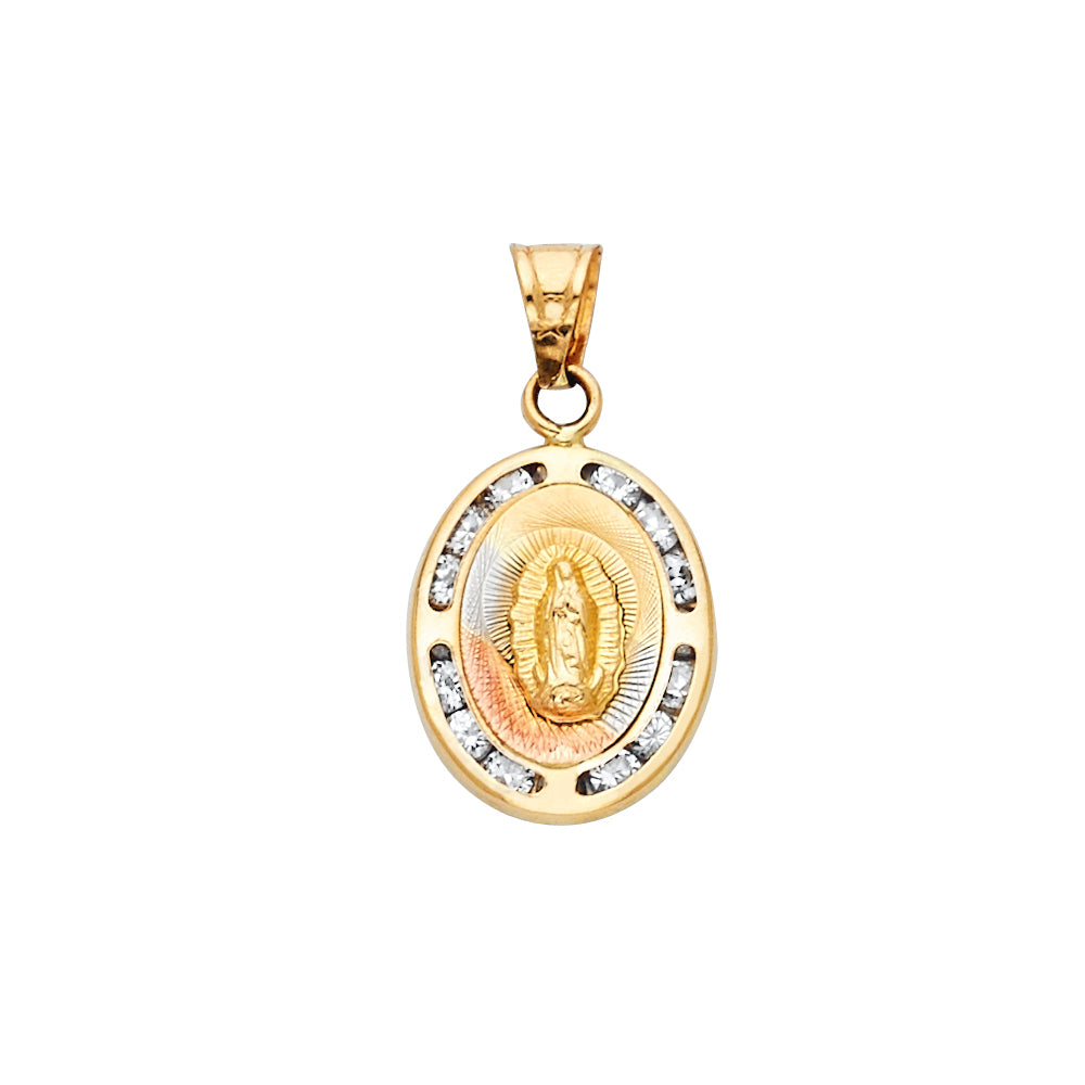 14k Yellow Gold with White CZ Accented Small/Mini Our Lady Of Guadalupe Charm Pendant (22mm x 12mm)