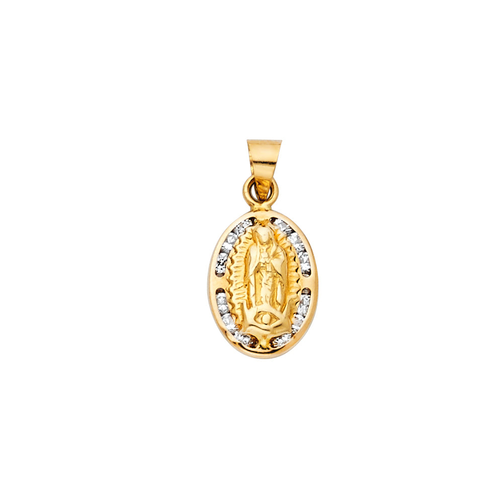 14k Yellow Gold with White CZ Accented Small/Mini Our Lady Of Guadalupe Charm Pendant (17mm x 8mm)
