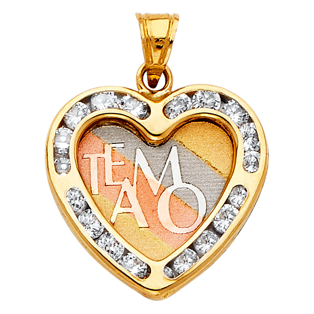 14K Tri-Color Gold with White CZ Accented Te amo Heart Charm Pendant (18mm x 18mm)