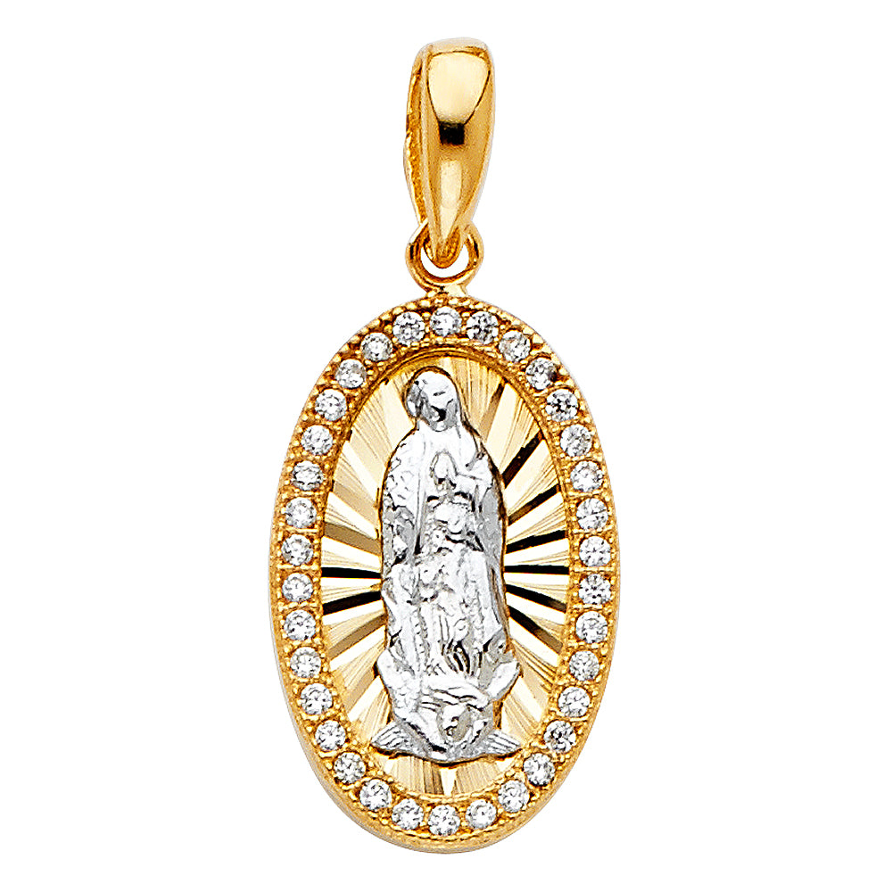 14K Two-tone Gold with White CZ Accented Our Lady Of Guadalupe Charm Pendant (18mm x 11mm)