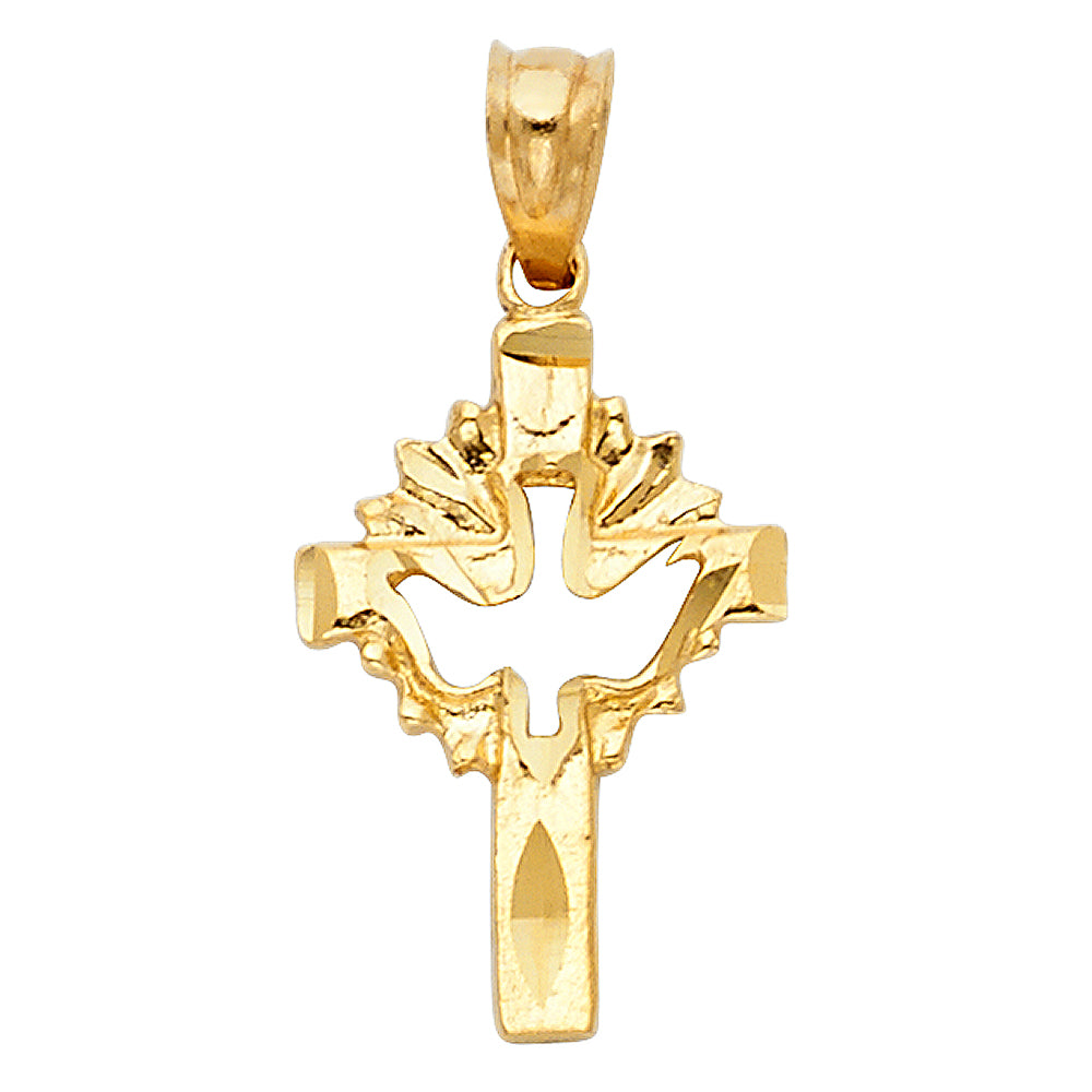14k Yellow Gold Small/Mini Religious Cross with Holy Spirit Dove Charm Pendant (18mm x 12mm)