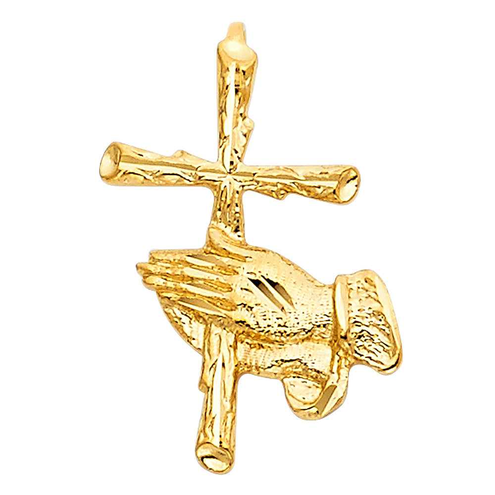 14k Yellow Gold Small/Mini Religious Praying Hand with Cross Charm Pendant (23mm x 14mm)
