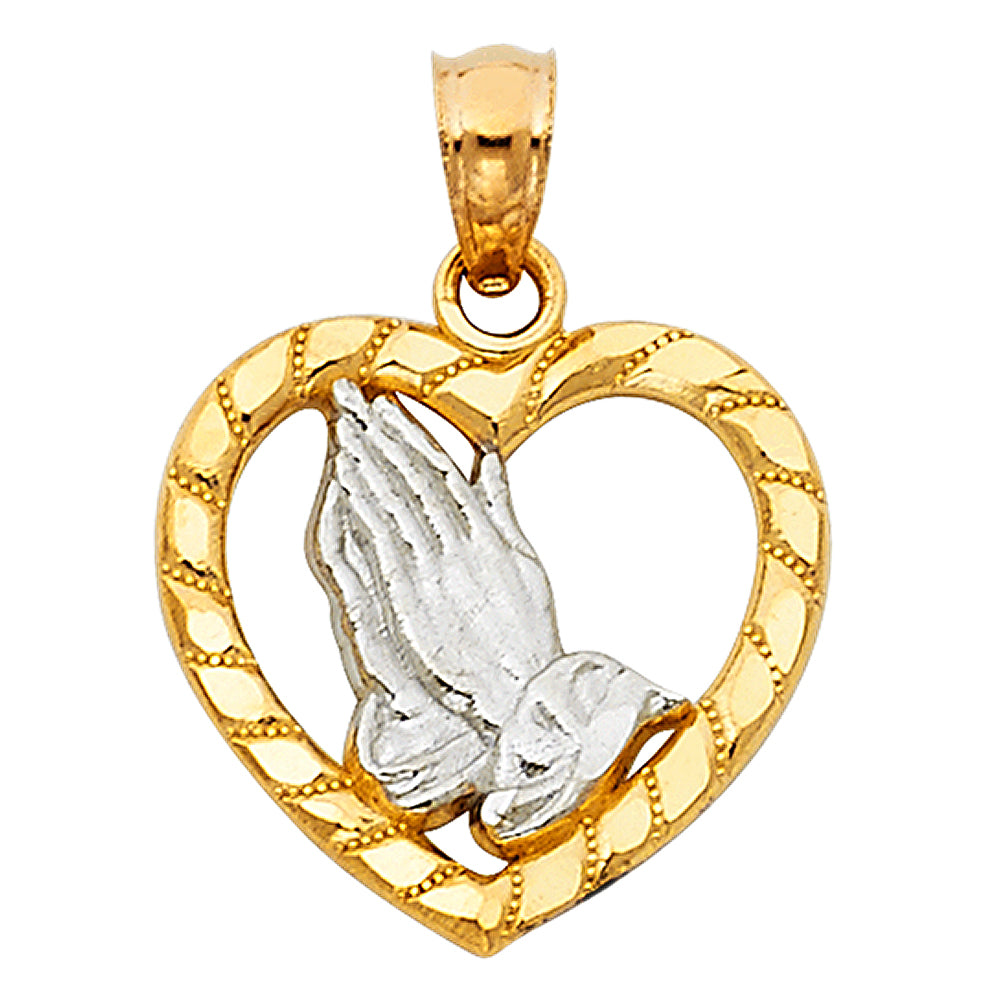 14K Two-tone Gold Small/Mini Praying Hands In Heart Charm Pendant (15mm x 16mm)