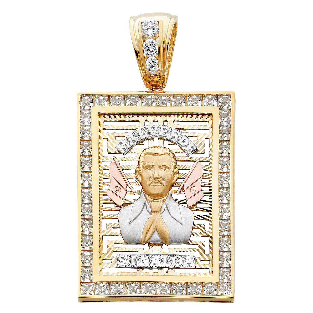 14K Tri-Color Gold Large CZ Malverd e Sinaloa Charm Pendant (57mm x 43mm)