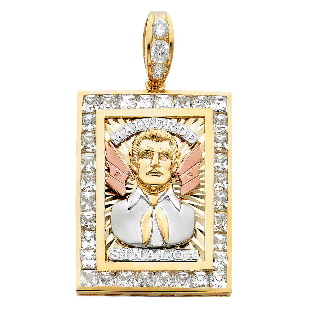14K Tri-Color Gold Large CZ Malverd e Sinaloa Charm Pendant (40mm x 31mm)
