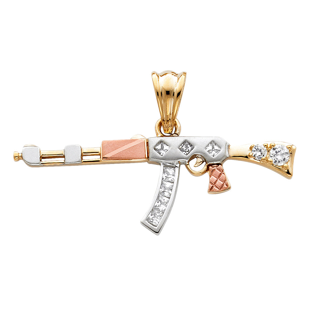 14K Tri-Color Gold with White CZ Accented Rifle Gun Charm Pendant (16mm x 47mm)
