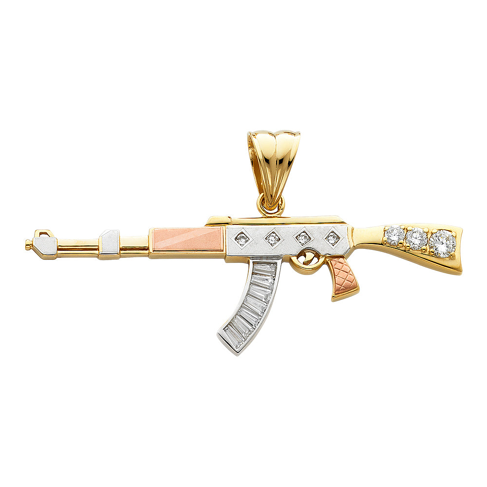 14K Tri-Color Gold Large CZ Rifle Gun Charm Pendant (29mm x 91mm)