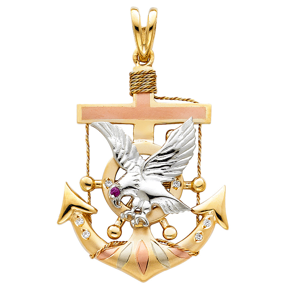14K Tri-Color Gold Large Eagle Anchor Charm Pendant (28mm x 30mm)