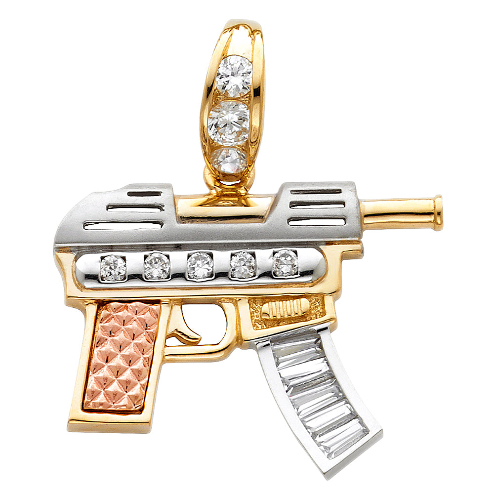 14K Tri-Color Gold Large CZ Rifle Gun Charm Pendant (26mm x 34mm)