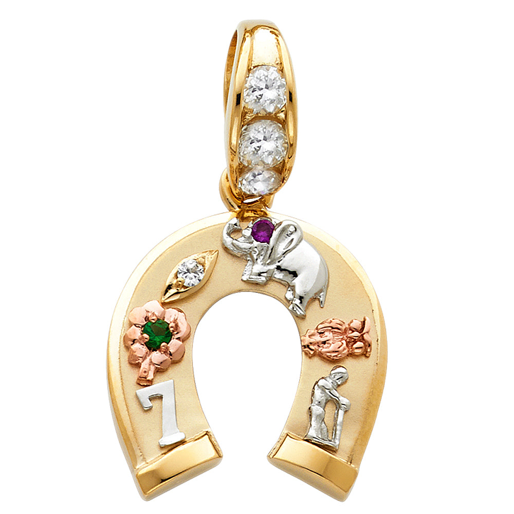 14K Tri-Color Gold with White CZ Accented Lucky Horseshoe Charm Pendant (22mm x 22mm)