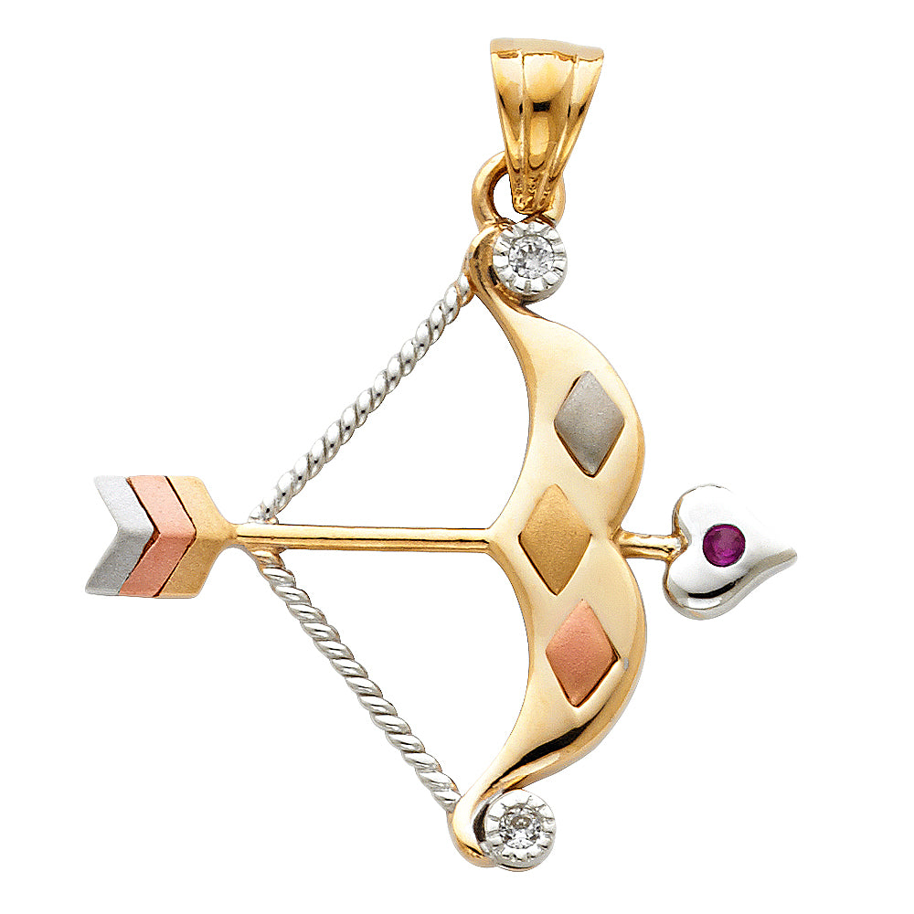 14K Tri-Color Gold with White CZ Accented Bow & Arrow Charm Pendant (27mm x 29mm)
