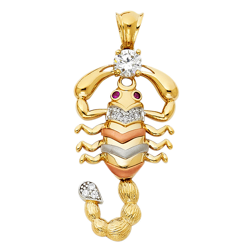 14K Tri-Color Gold with White CZ Accented Scorpion Charm Pendant (38mm x 20mm)