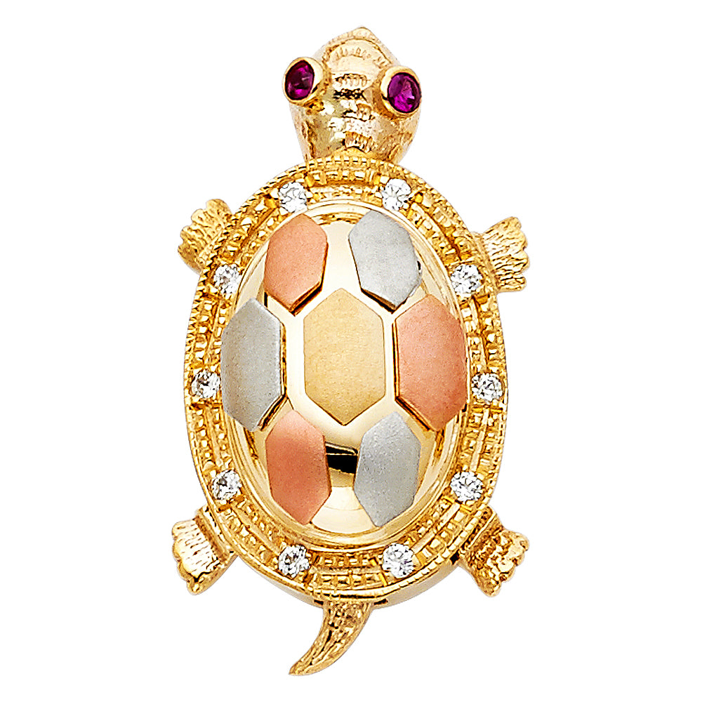 14K Tri-Color Gold Large CZ Turtle Charm Pendant (30mm x 15mm)