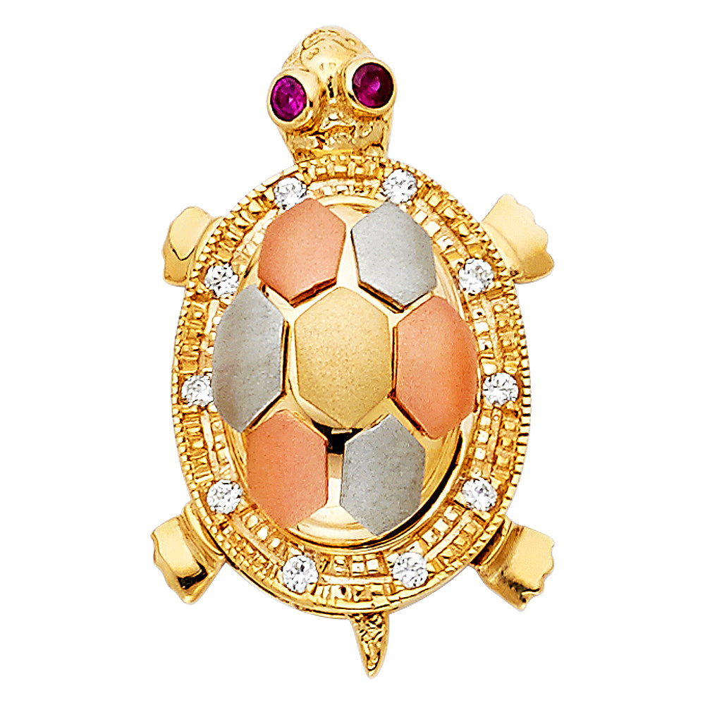 14K Tri-Color Gold Large CZ turtle Charm Pendant (27mm x 15mm)