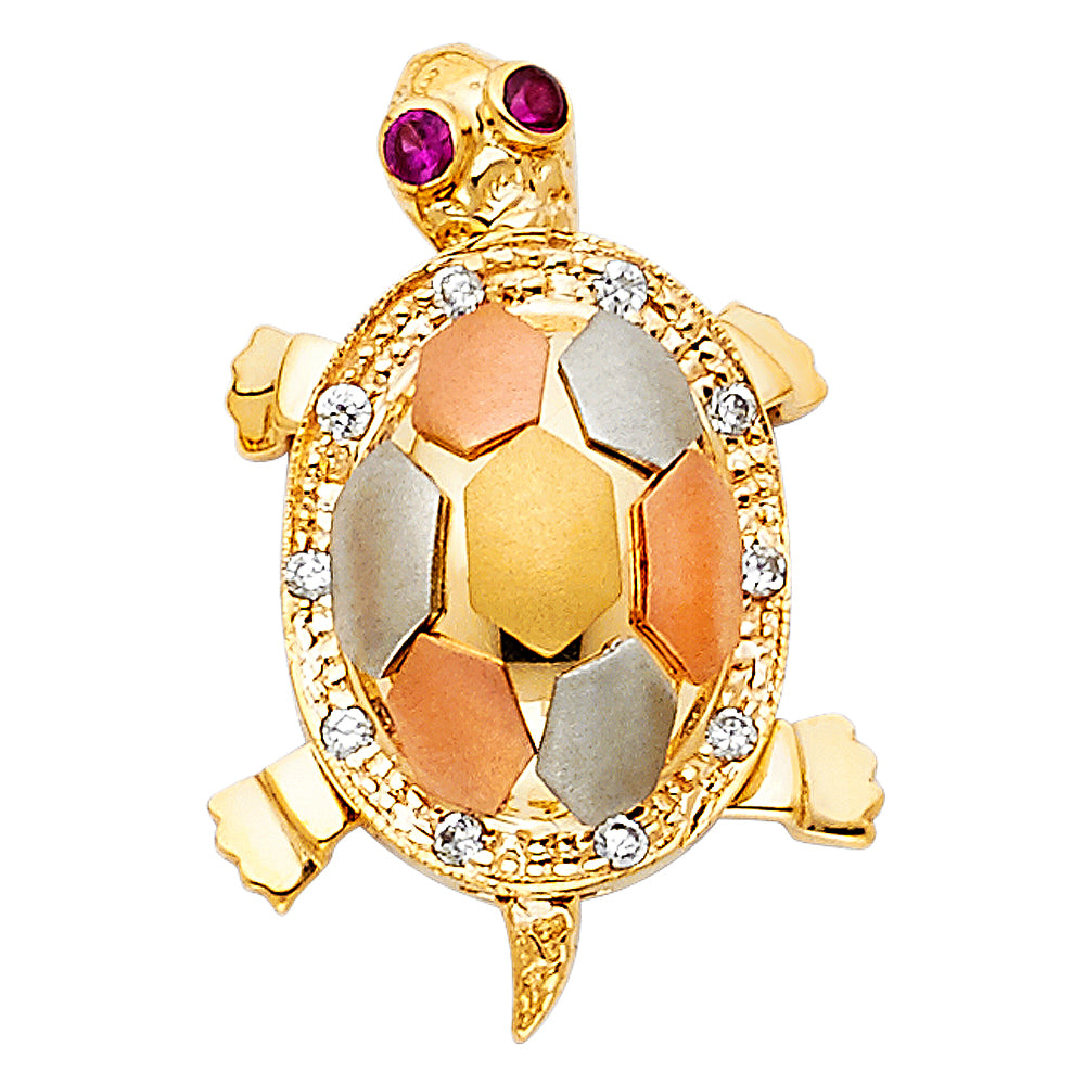 14K Tri-Color Gold with White CZ Accented turtle Charm Pendant (25mm x 13mm)