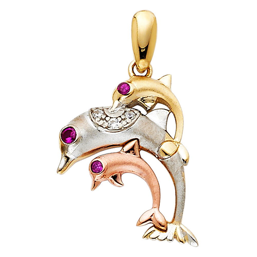 14K Tri-Color Gold with White CZ Accented Dolphin Charm Pendant (20mm x 15mm)