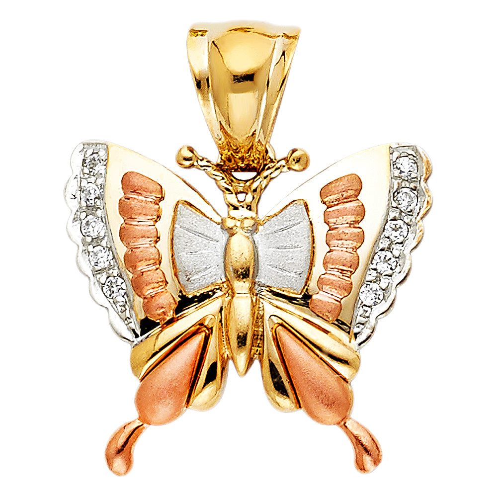 14K Tri-Color Gold with White CZ Accented Butterfly Charm Pendant (21mm x 23mm)