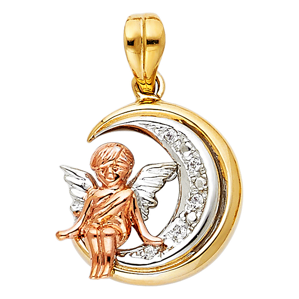 14K Tri-Color Gold with White CZ Accented Angel Charm Pendant (18mm x 17mm)