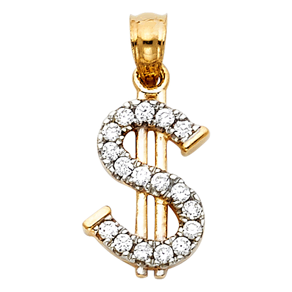 14k Yellow Gold with White CZ Accented Small/Mini Dollar Sign Charm Pendant (14mm x 10mm)