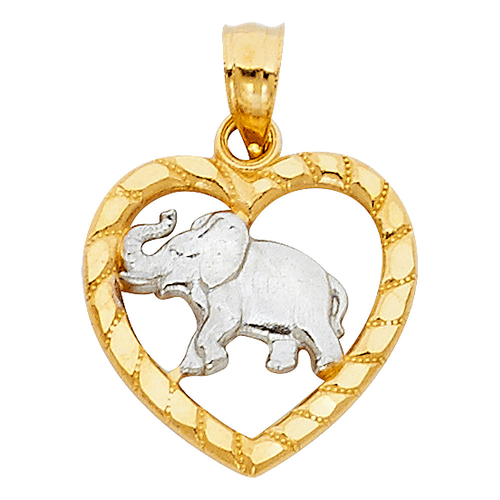 14K Two-tone Gold Small/Mini Elephant Heart Charm Pendant (15mm x 16mm)