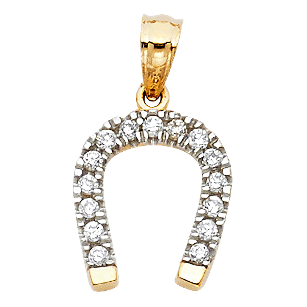 14k Yellow Gold with White CZ Accented Small/Mini Lucky Horseshoe Charm Pendant (13mm x 11mm)
