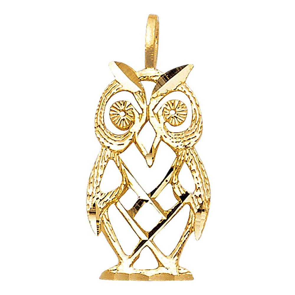 14k Yellow Gold Small/Mini Owl Charm Pendant (19mm x 11mm)