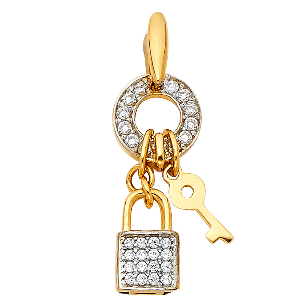 14k Yellow Gold with White CZ Accented Key & Lock Charm Pendant (20mm x 8mm)