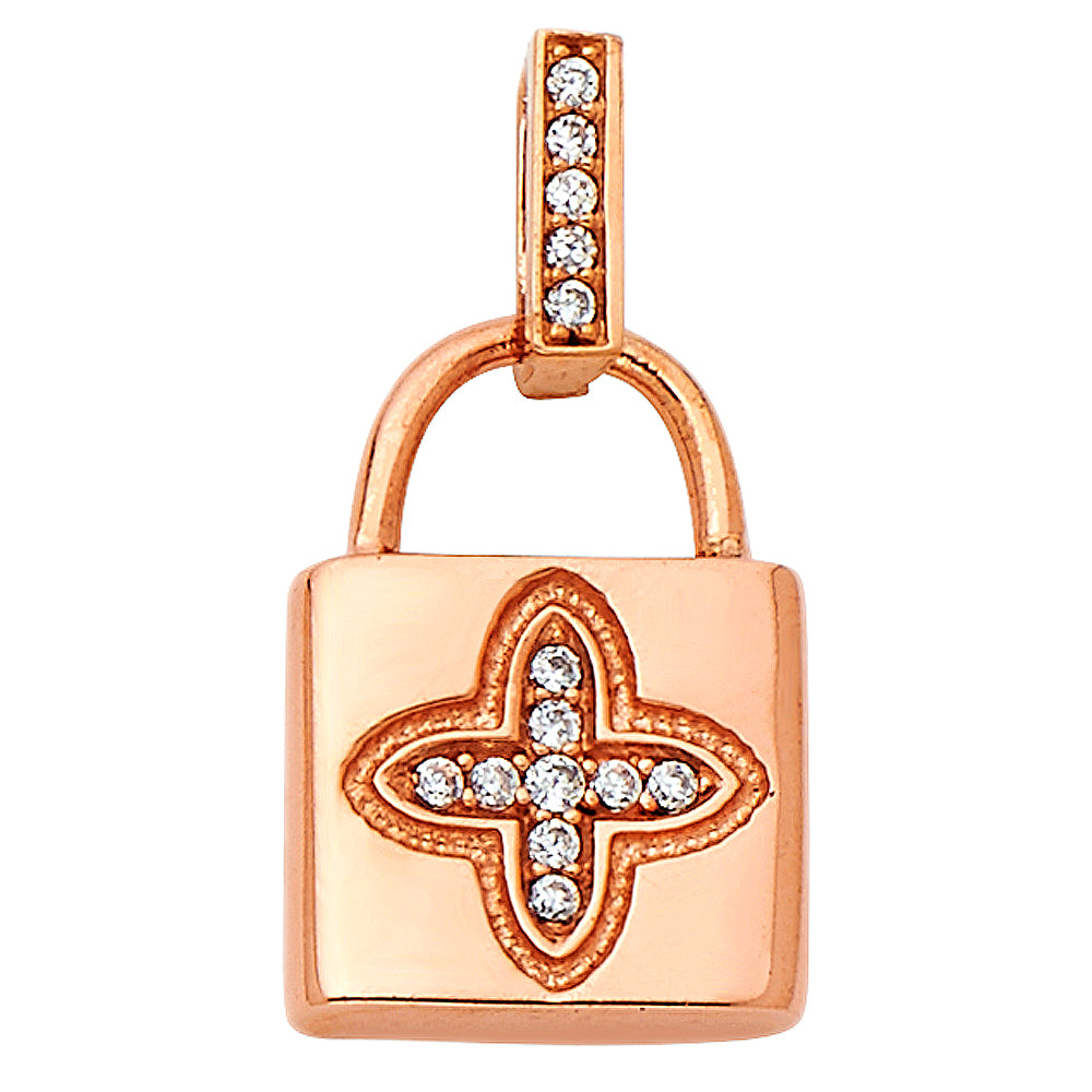 14k Rose Gold Novelty Lock Charm Pendant with White CZ Accents (15mm x 11mm)
